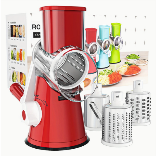 Rotary Cheese Grater for Kitchen, Shredder with 3 Interchangeable Blades, Rotary Grater with Handle and Strong Suction Base, for Vegetables, Fruit, Nuts, Easy to Use and Clean